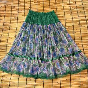 T-C Fashion Green Floral Peacock Print Lace Waist Mesh Tiered Midi Skirt